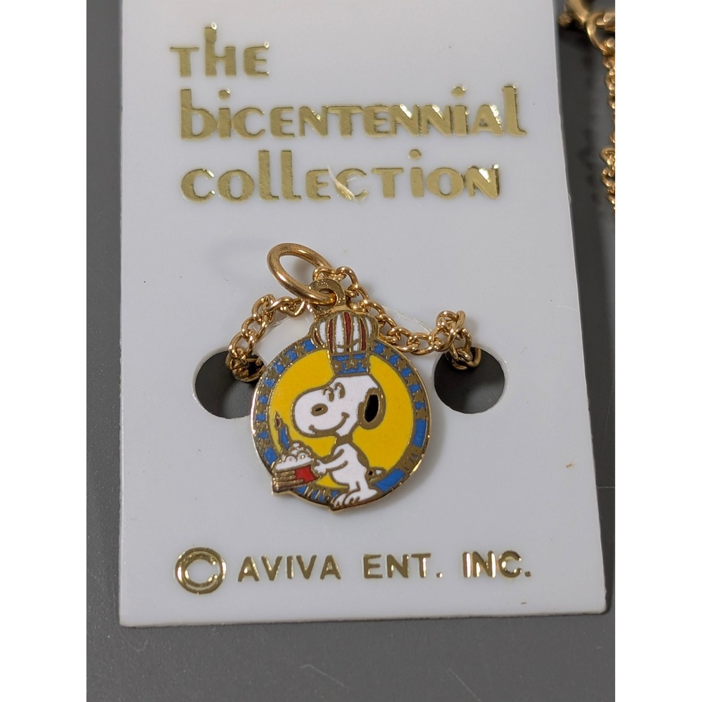 Vintage 1976 Aviva Snoopy Bicentennial Birthday Charm Necklace 24" NWT